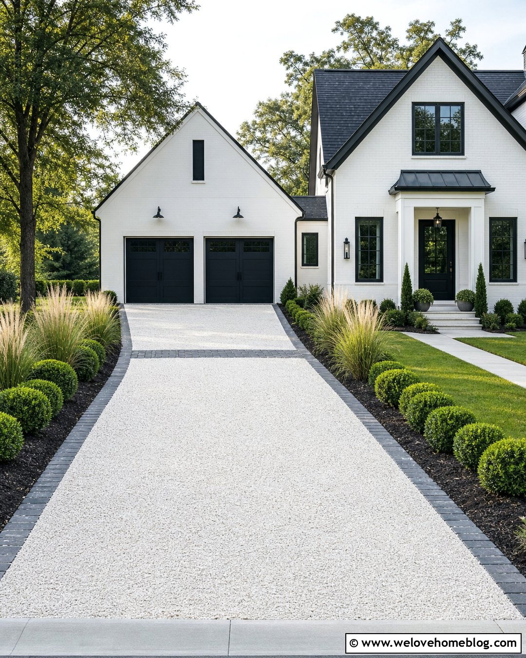 White Gravel Driveway With Dark Cobblestone Edging - 20 Cobblestone And Gravel Driveway Ideas