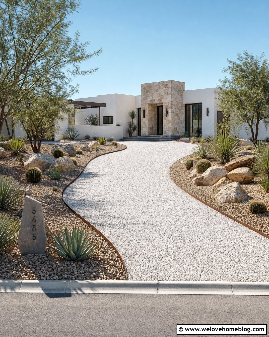 White Gravel Driveway With Desert Landscaping - 25 white gravel driveway ideas