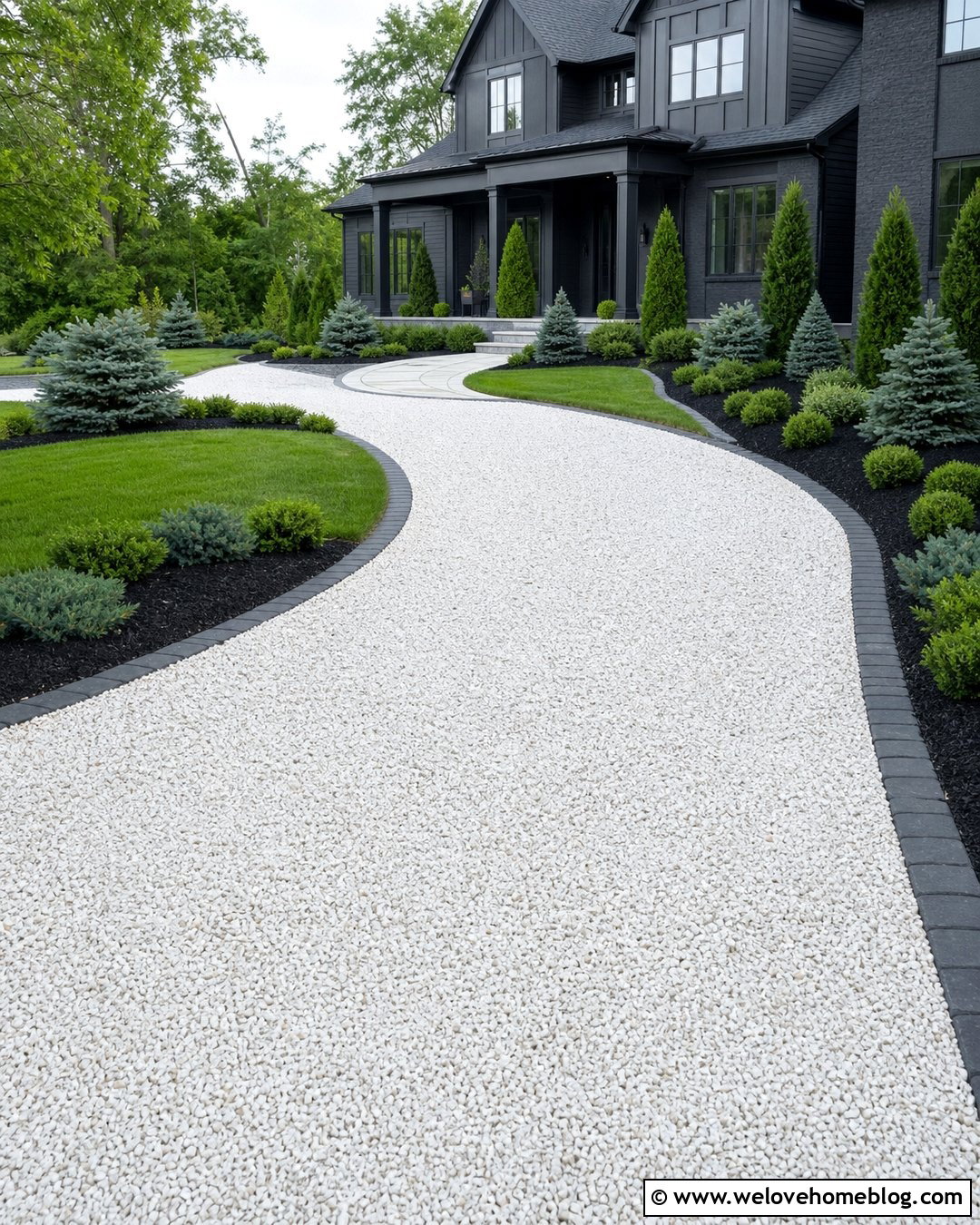 White Gravel Driveway With Evergreen Landscaping - 20 landscaping gravel driveway ideas