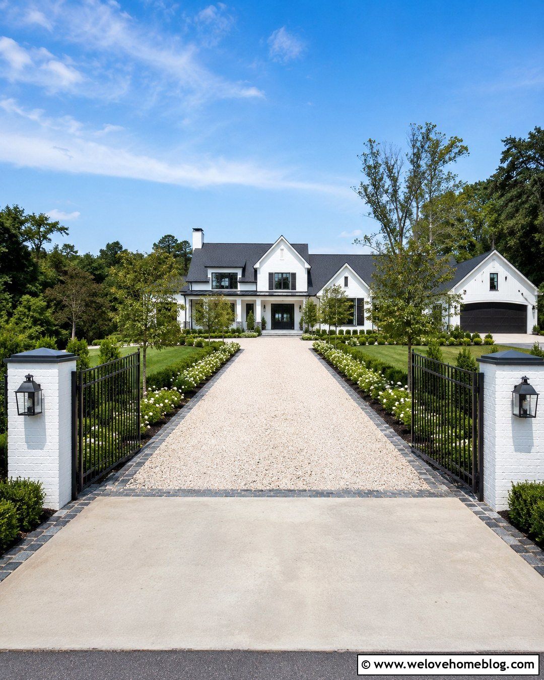 White Gravel Driveway With Farmhouse Gate - 20 Dream House Driveway Ideas