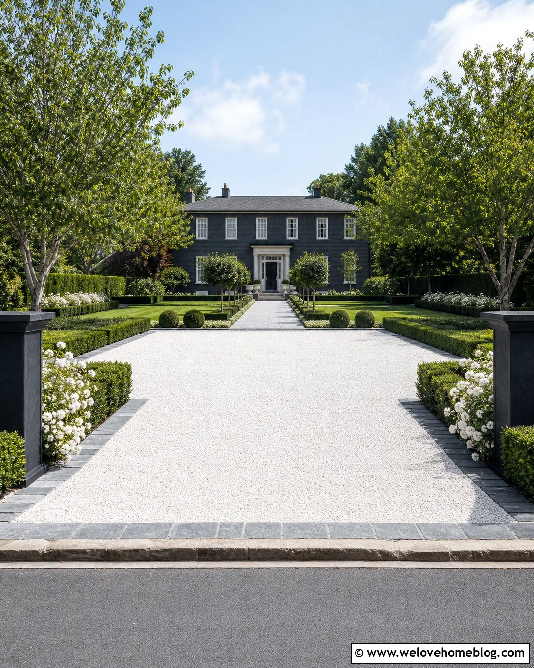 White Gravel Driveway With Formal Hedges - 20 Large Gravel Driveway Ideas