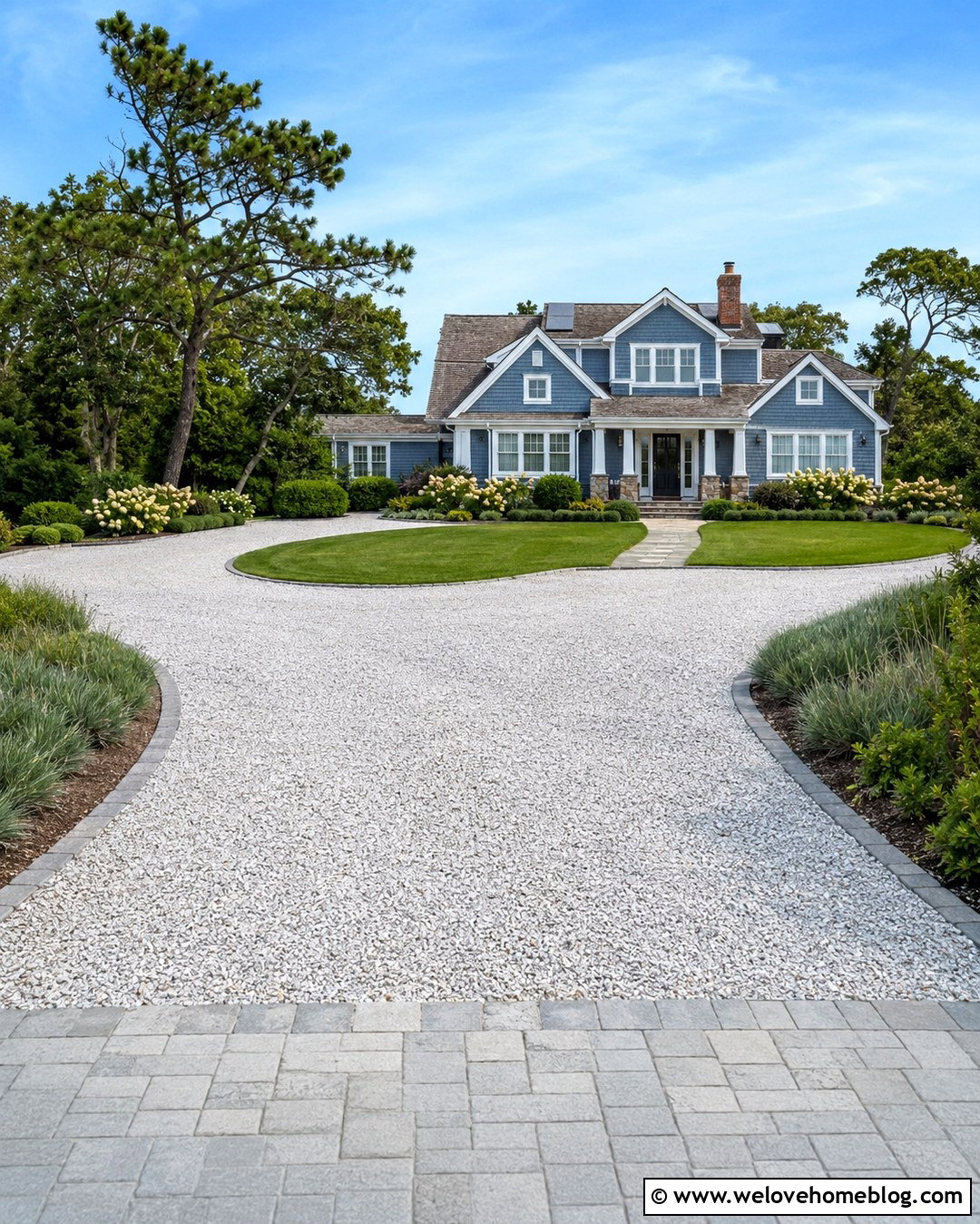 White Gravel Driveway With Gray Paver Apron - 20 Driveway Colours Ideas