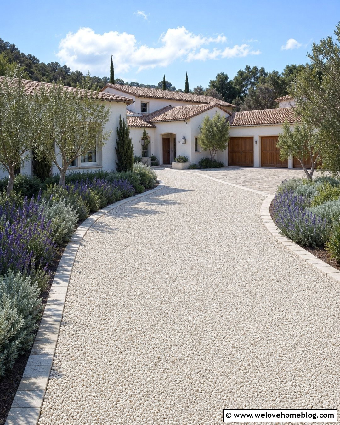 White Gravel Driveway With Lavender Borders - 25 Pretty Driveways Ideas