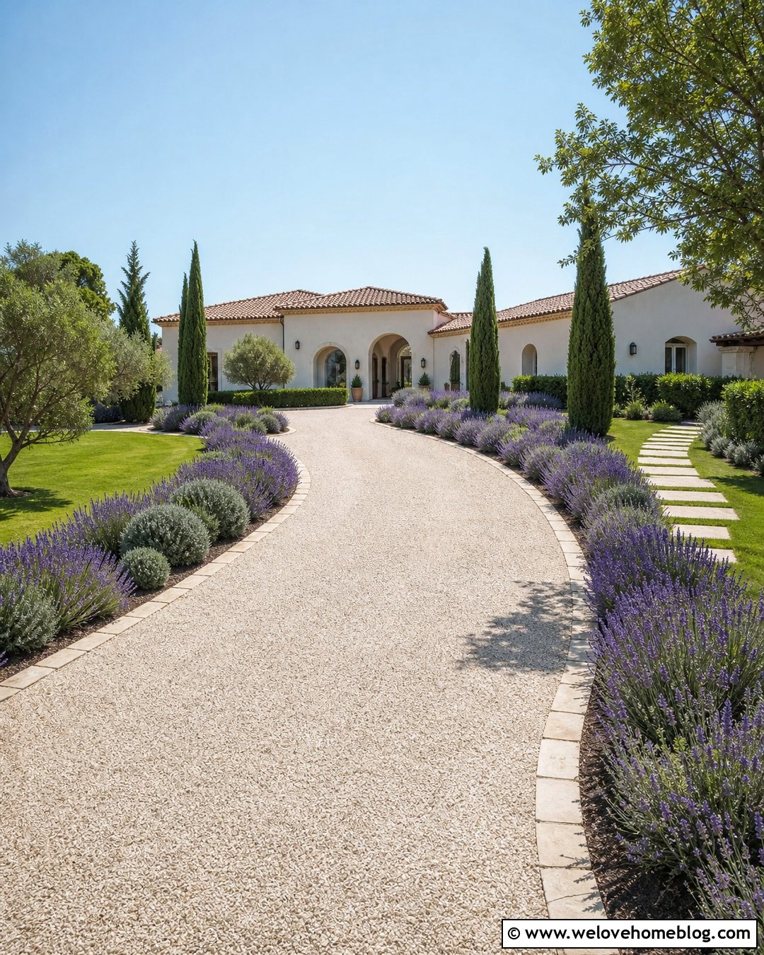 White Gravel Driveway With Lavender Borders - 35 House Driveway Ideas