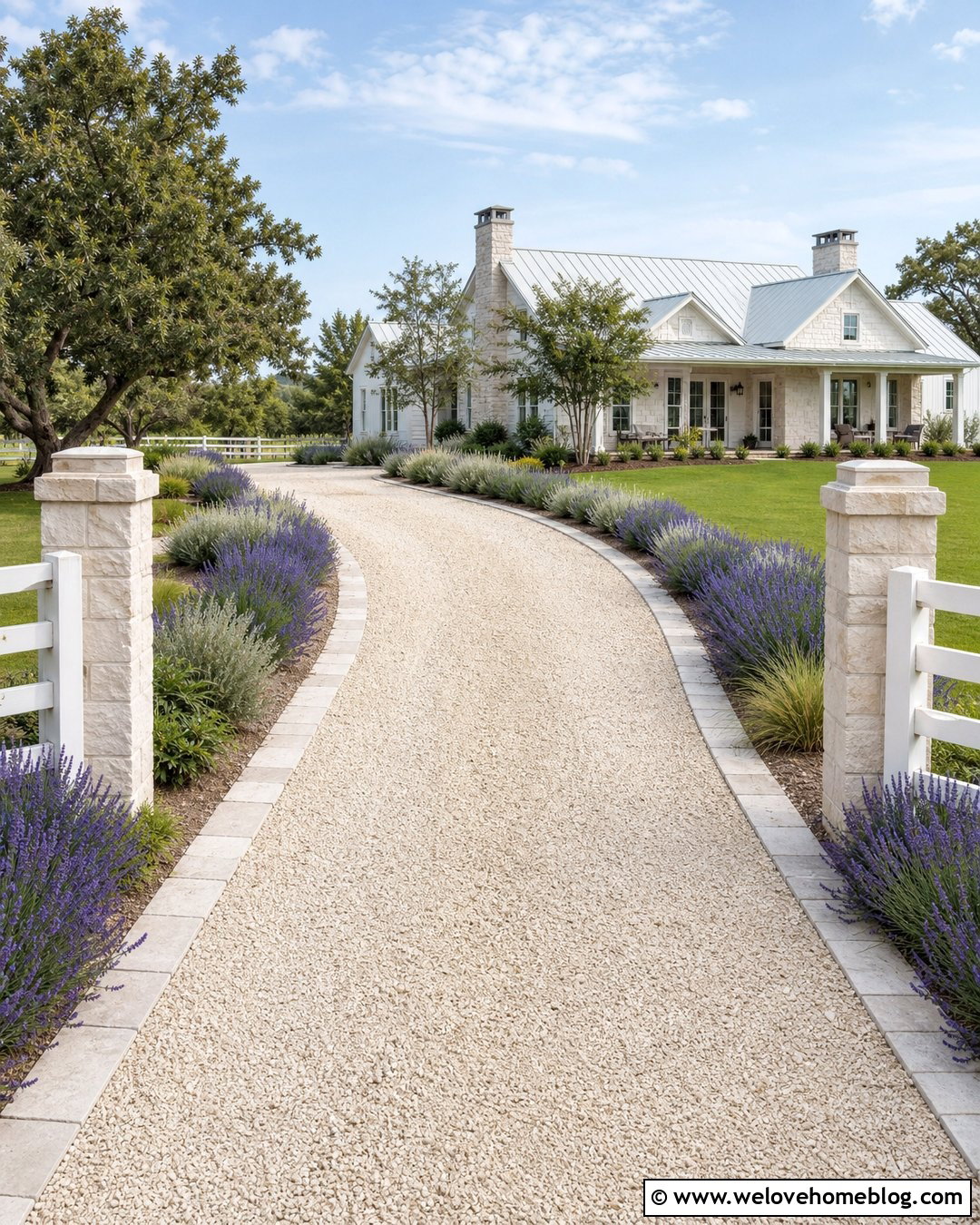 White Gravel Driveway With Lavender Borders - 45 Driveway Design Ideas