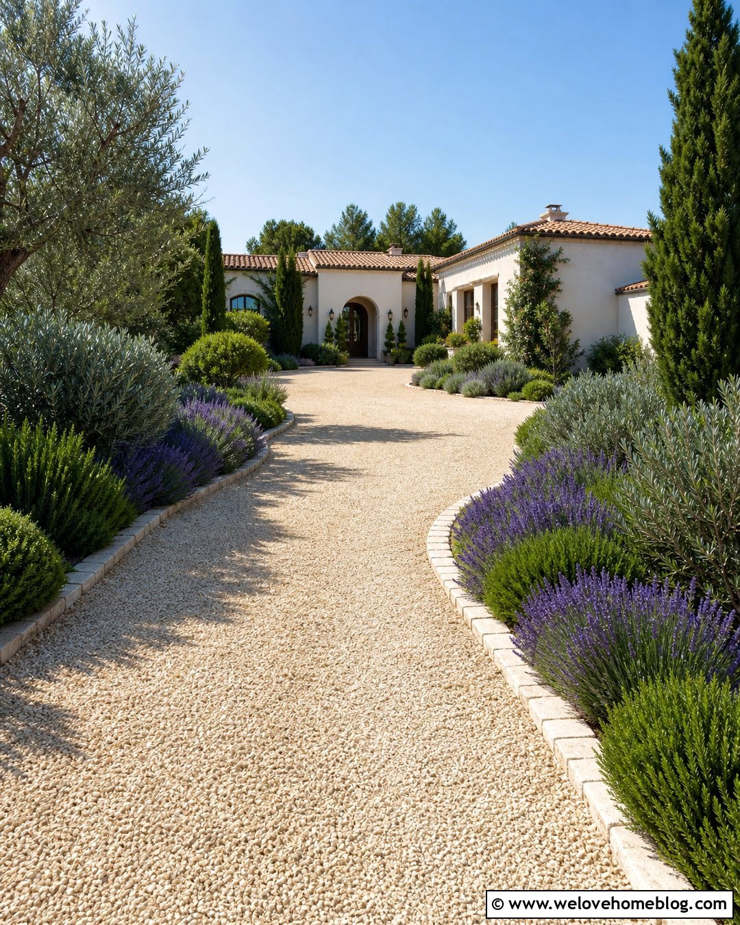 White Gravel Driveway With Lavender Borders - 50 Driveway Ideas