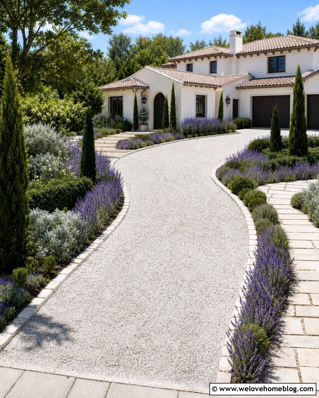 White Gravel Driveway With Lavender Borders - 20 Driveway Goals Ideas