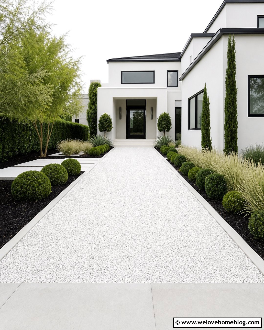White Gravel Driveway With Modern Concrete Edging - 20 Driveways With Gravel Ideas
