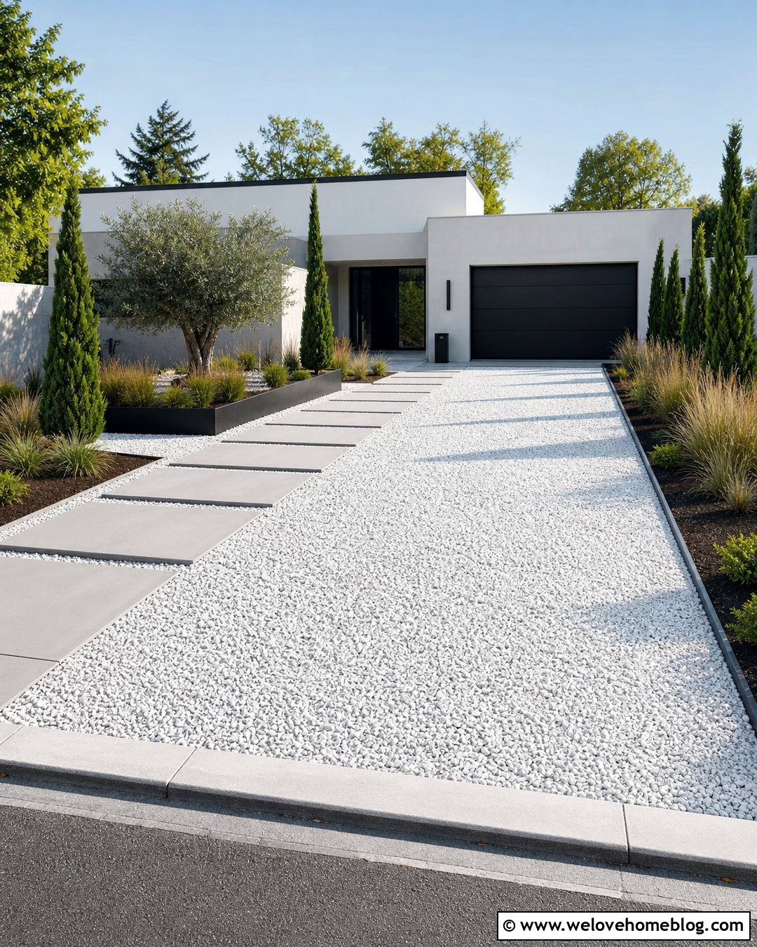 White Gravel Driveway With Modern Steel Edging - 50 gravel driveway ideas