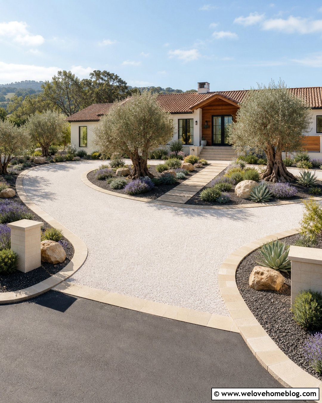 White Gravel Driveway With Olive Trees - 20 Olive Trees Driveway Ideas