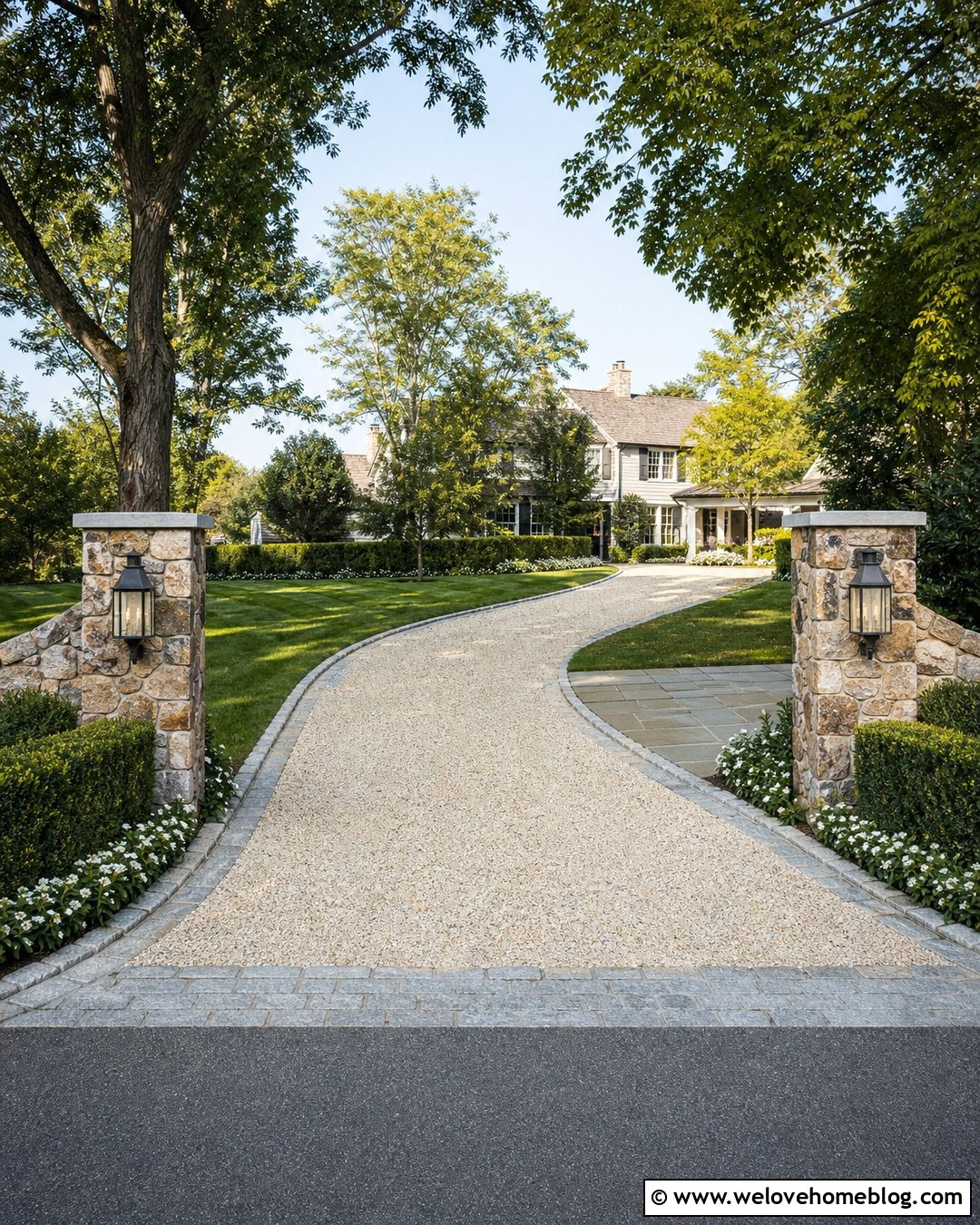 White Gravel Driveway With Stone Pillars - 25 white gravel driveway ideas