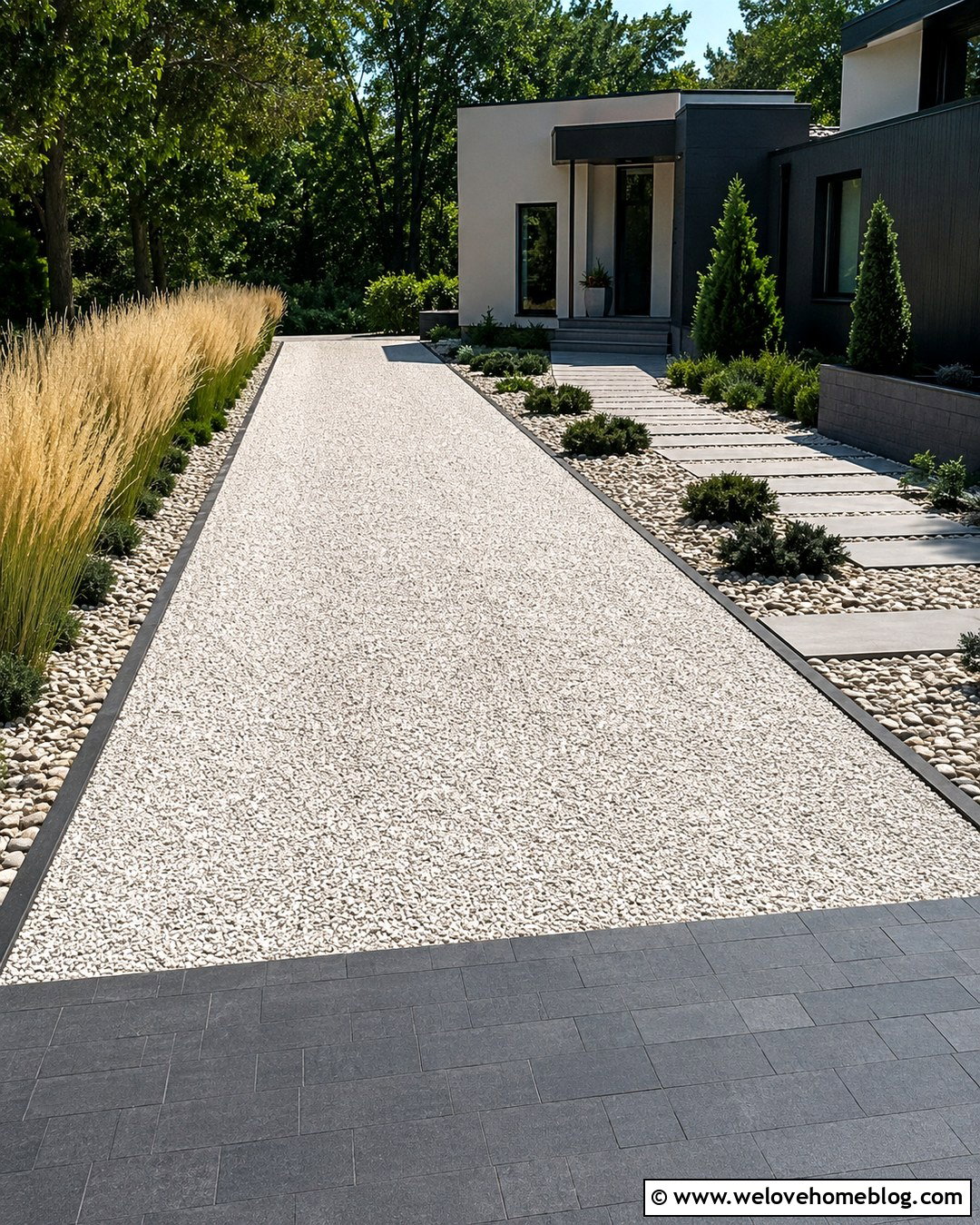 White Gravel Geogrid Driveway With Black Metal Edging - 20 Geogrid Driveway Ideas