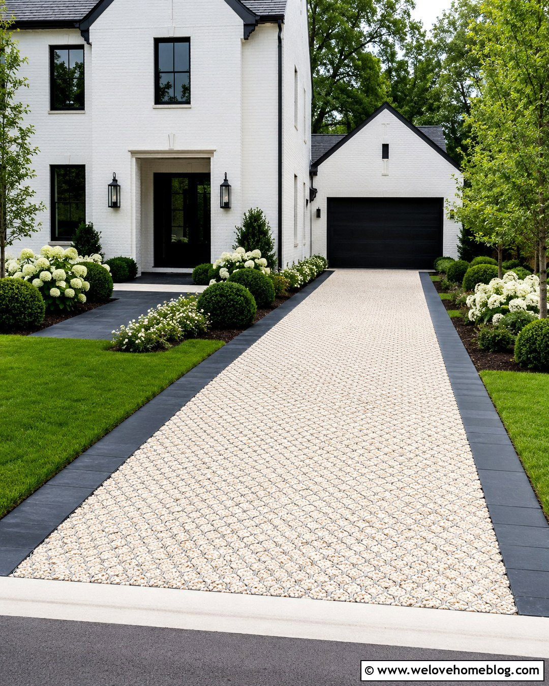 White Gravel Grid Driveway With Black Paver Border - 20 Driveway Gravel Grid Installation Ideas
