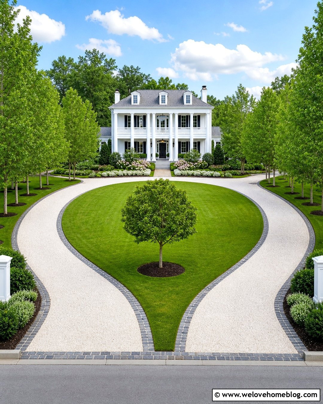 White Gravel Horseshoe Driveway With Trees - 25 white gravel driveway ideas