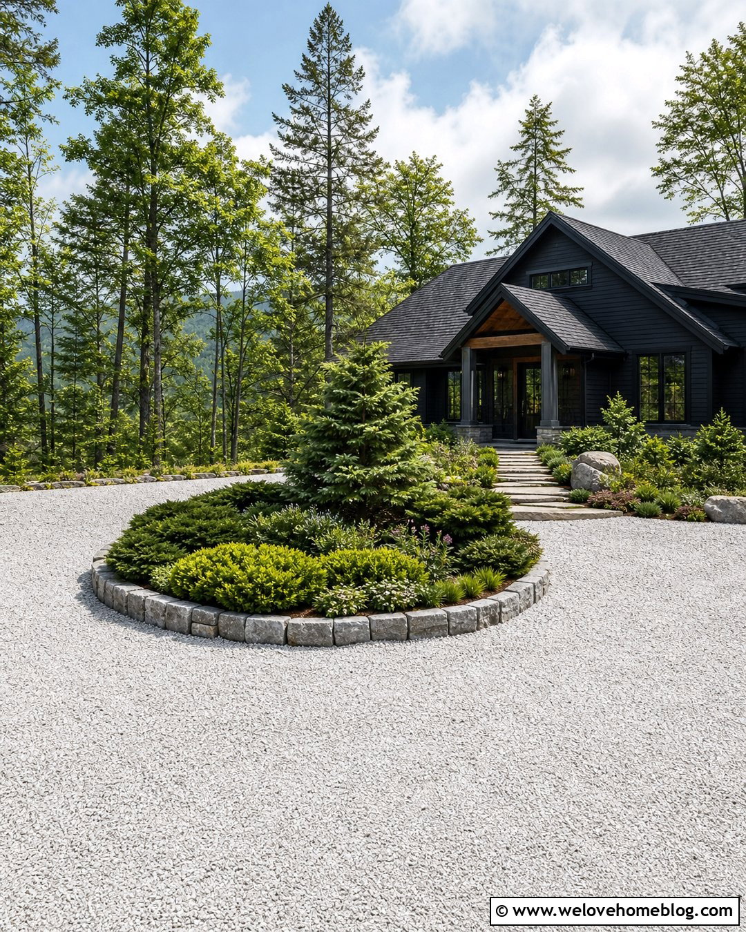White Gravel Roundabout Driveway With Evergreen Island - 20 roundabout driveway landscaping ideas