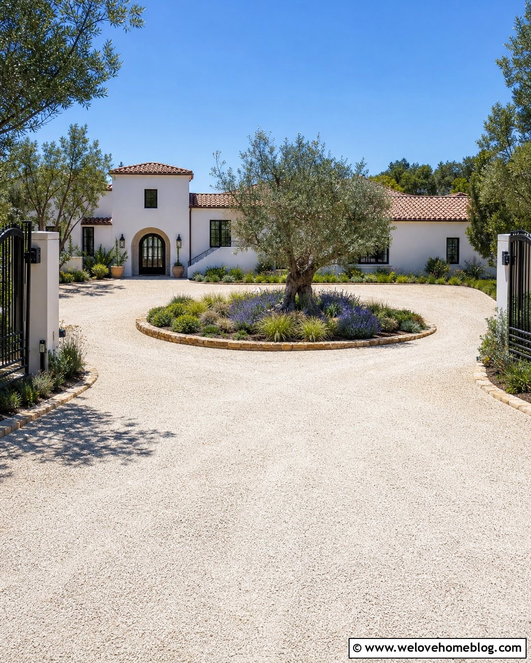 White Gravel Roundabout Driveway With Olive Trees - 35 Round About Driveway Ideas