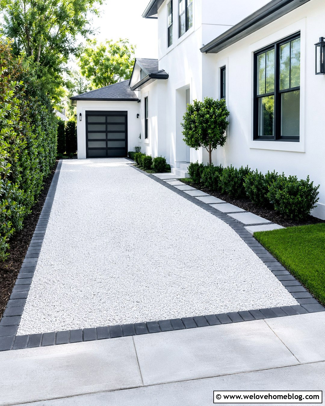 White Gravel Side Driveway With Black Paver Edging - 20 Gravel Side Driveway Ideas