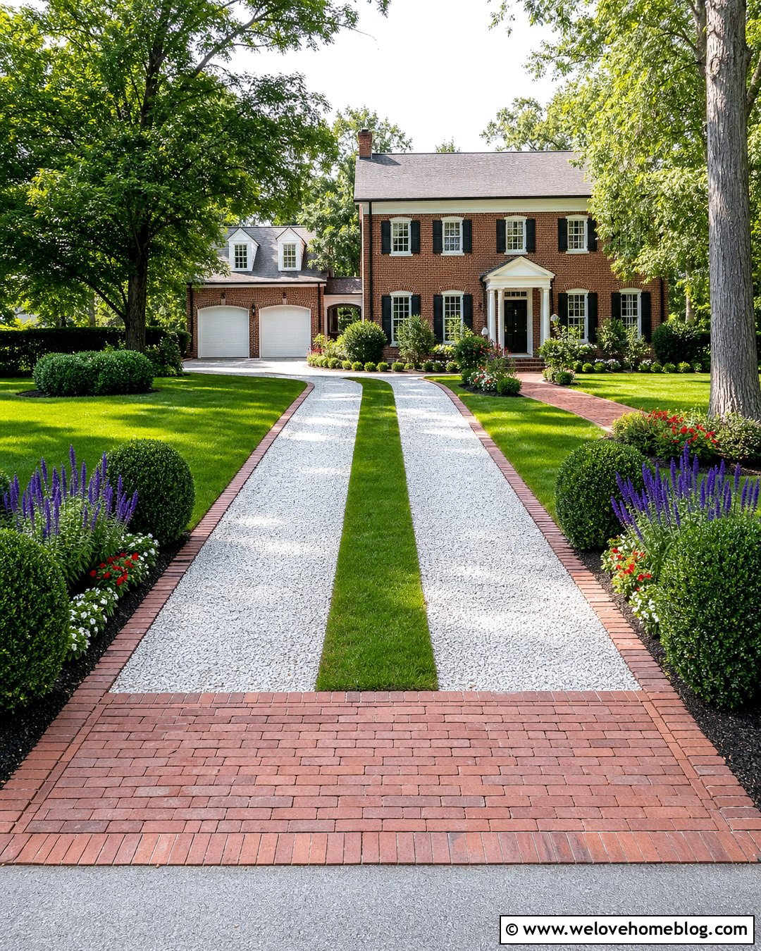 White Gravel Tire Track Driveway With Brick Border - 20 Tire Track Driveway Ideas