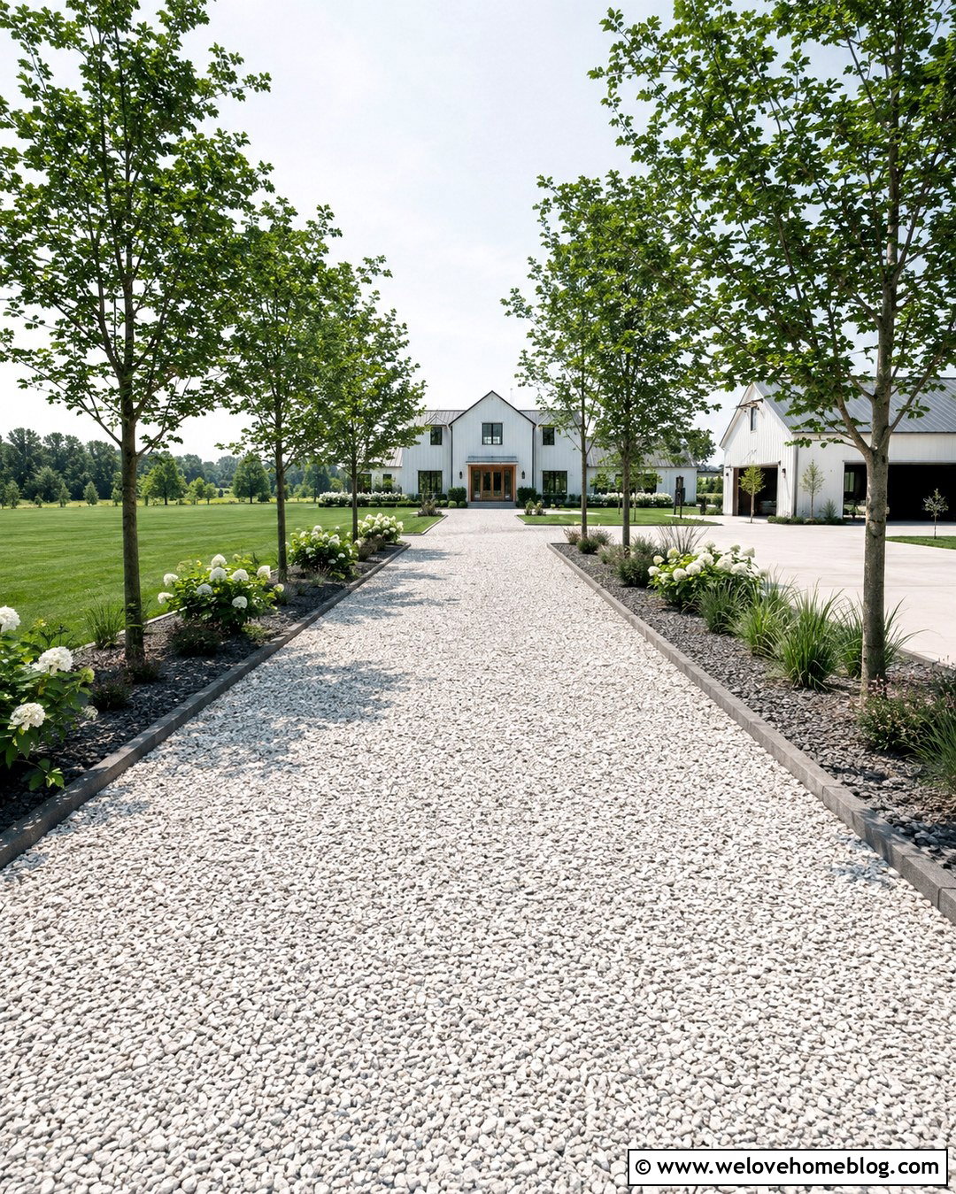 White Gray Gravel Driveway With Concrete Courtyard - 20 Neutral Color Driveway Design Ideas