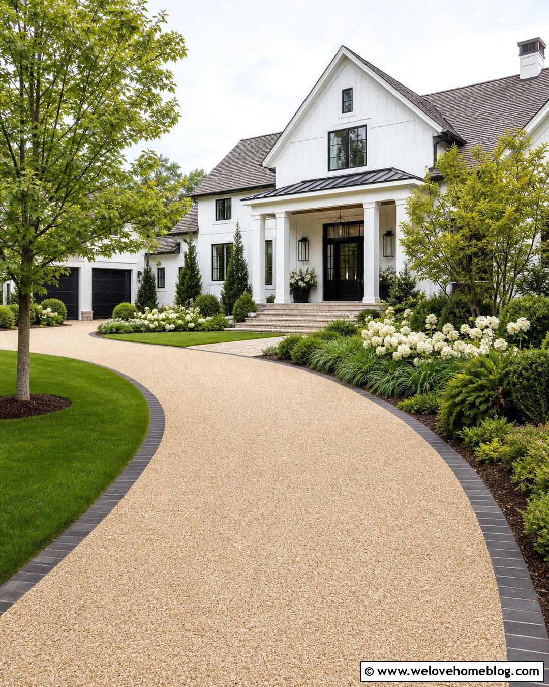 White House Driveway With Green Garden Borders - 25 Landscape Driveway Ideas
