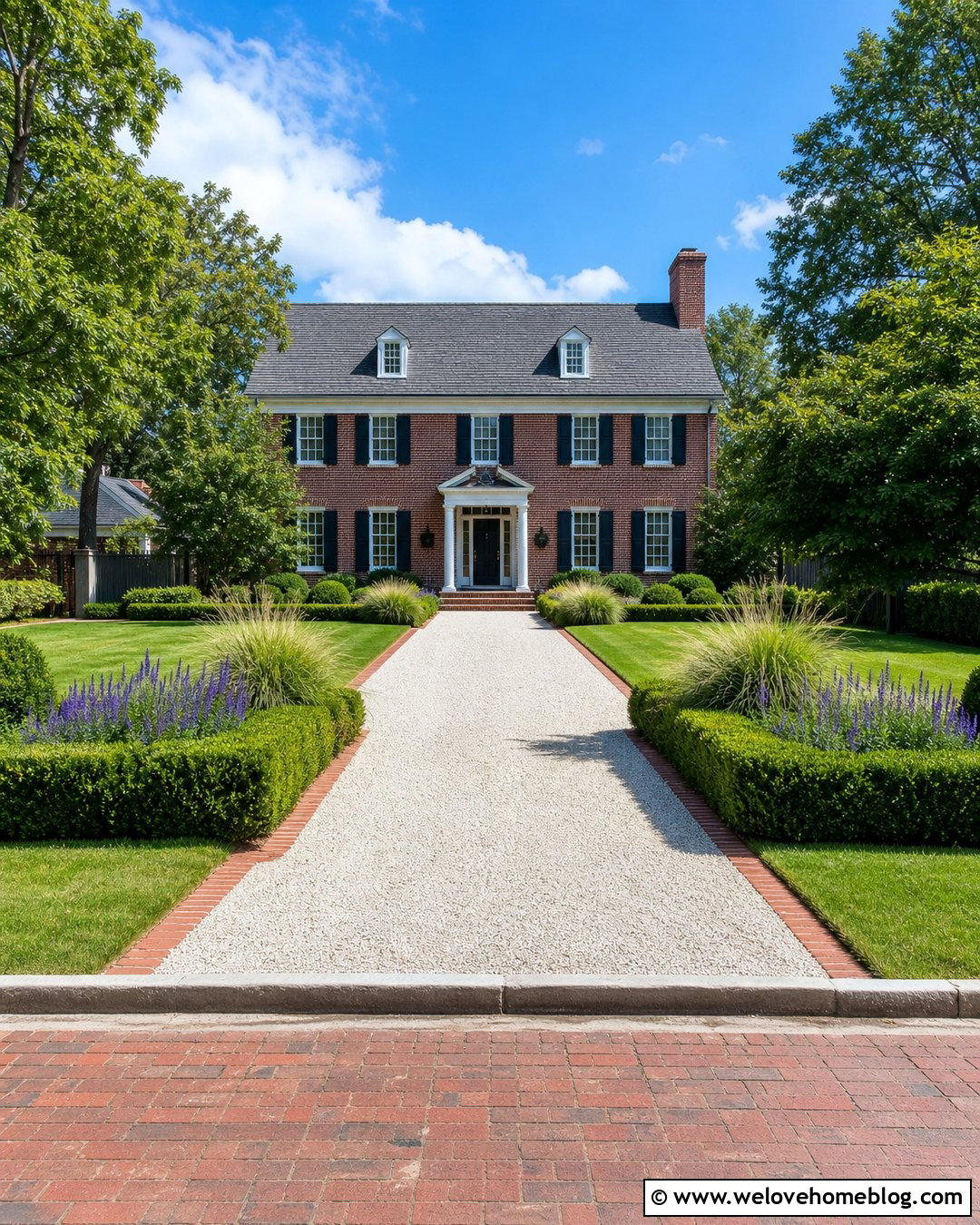 White Limestone Driveway With Brick Edging - 20 Light Gravel Driveway Ideas