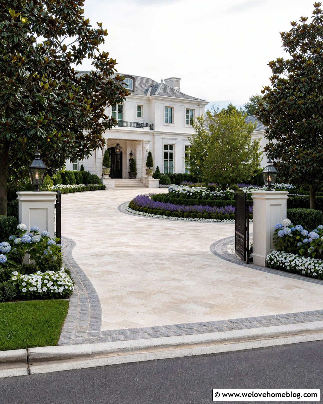White Mansion Driveway With Light Stone Pavers - 20 Big Mansion Driveway Ideas