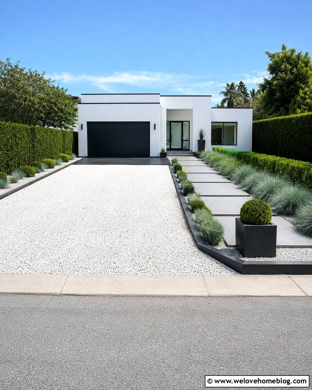 White Marble Gravel Driveway With Modern Landscaping - 20 Gravel For Driveway Ideas