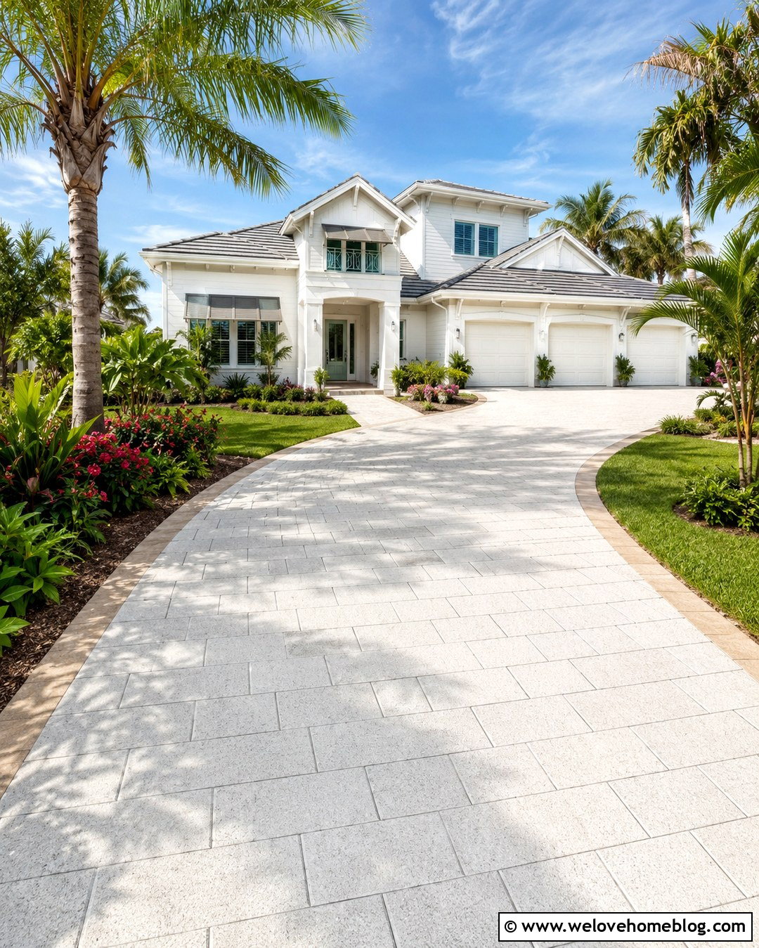 White Paver Driveway With Tropical Landscaping - 20 paver driveways ideas