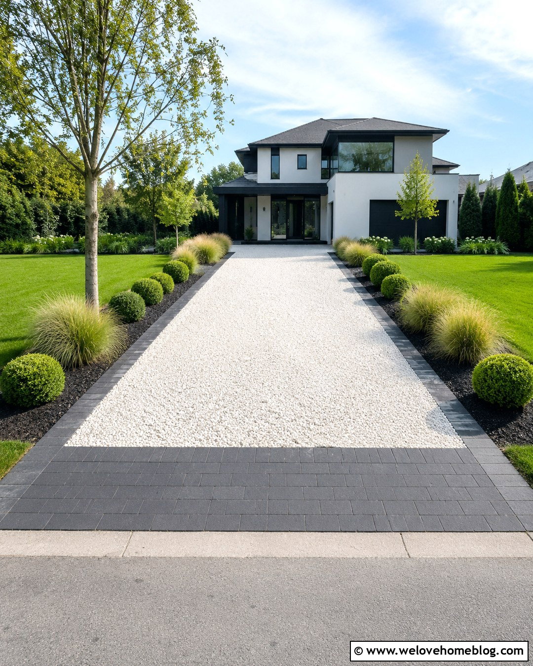 White Pebble Driveway With Black Paver Edging - 20 White Pebble Driveway Ideas