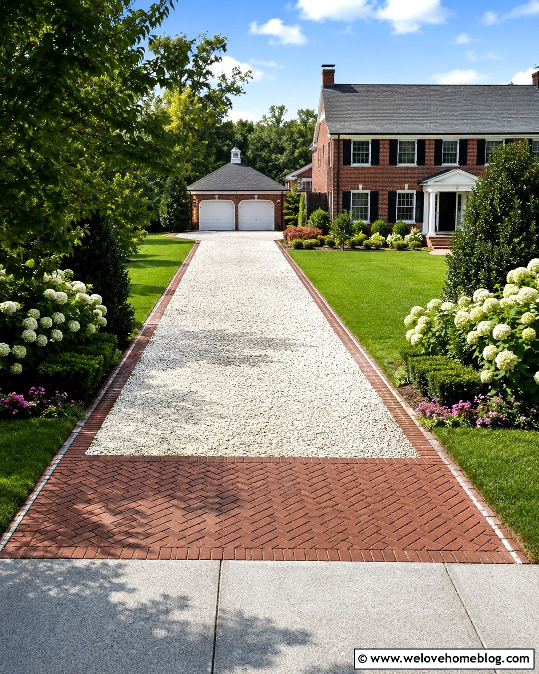 White Pebble Driveway With Brick Ribbon Borders - 20 White Pebble Driveway Ideas
