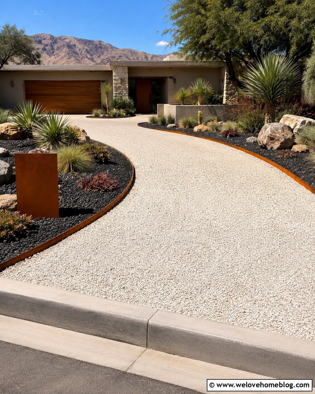 White Pebble Driveway With Corten Steel Edging - 20 White Pebble Driveway Ideas