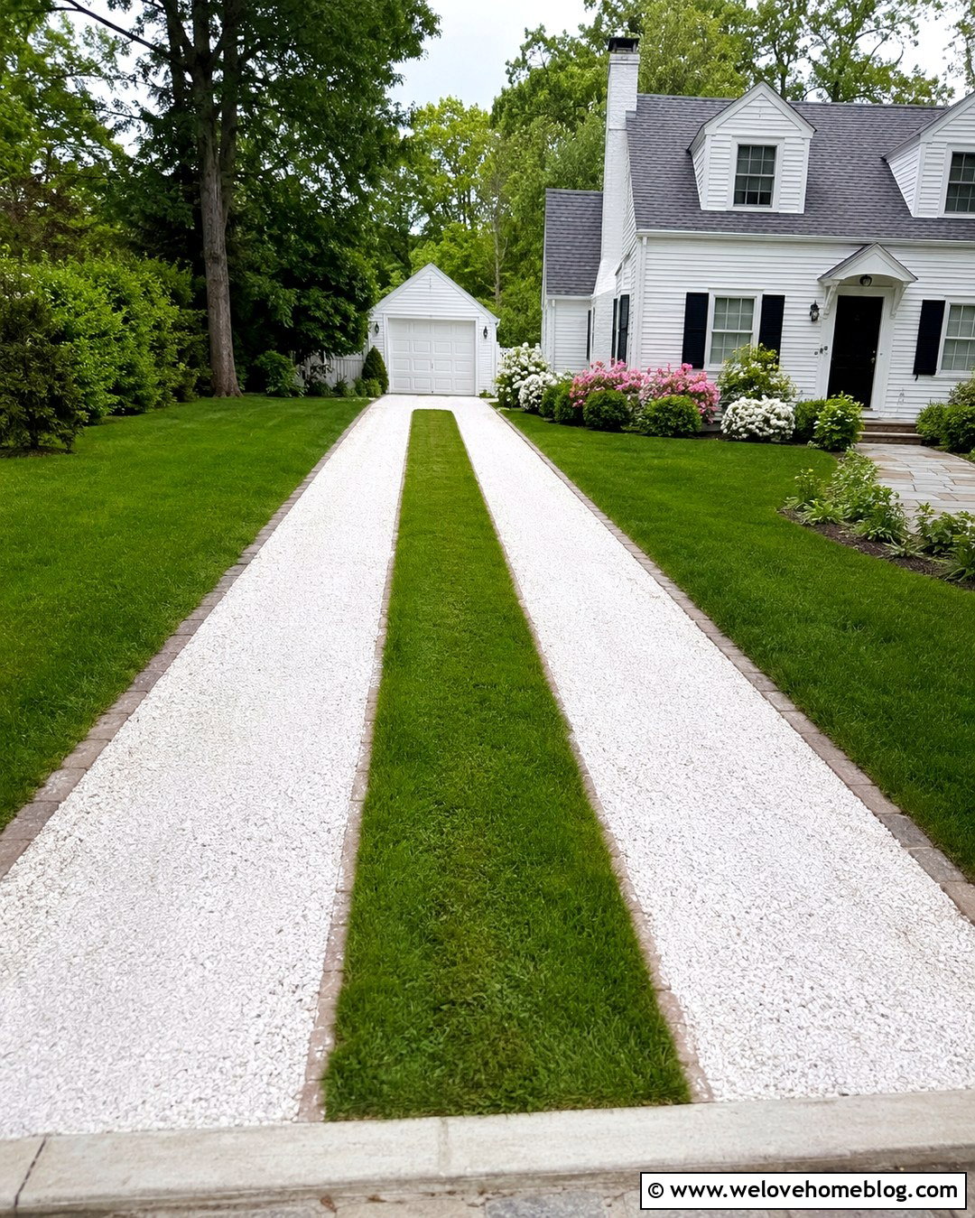 White Pebble Driveway With Grass Strip Center - 20 White Pebble Driveway Ideas
