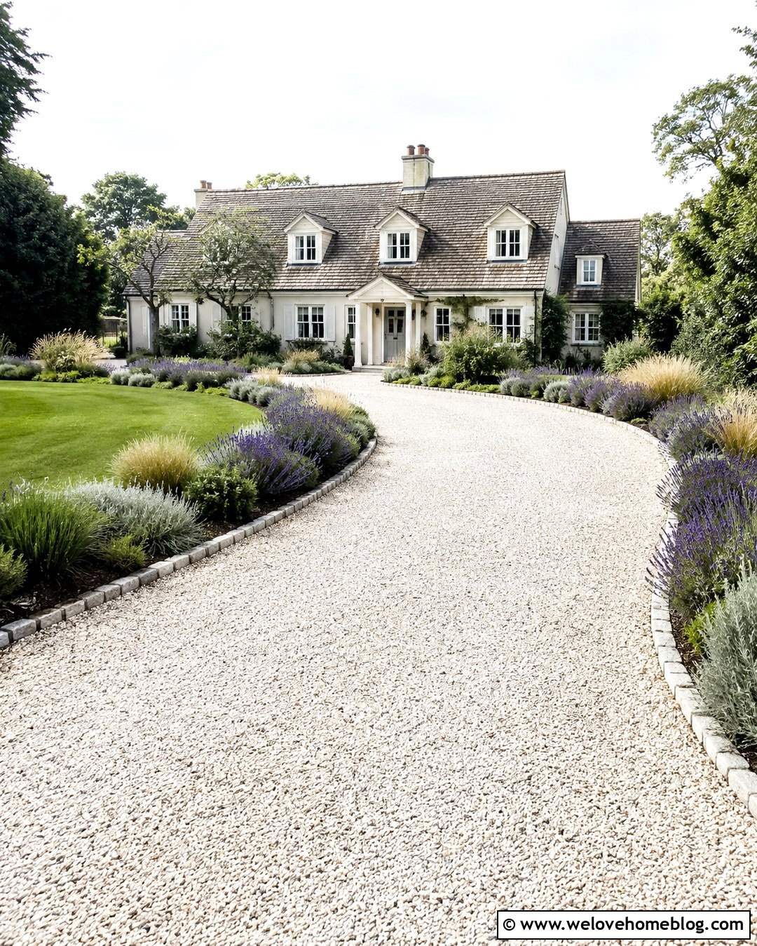 White Pebble Driveway With Lavender Landscaping - 20 White Pebble Driveway Ideas