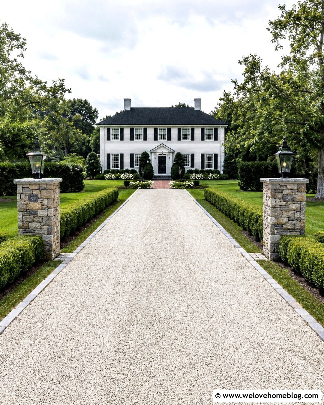 White Pebble Driveway With Low Boxwood Hedges - 20 White Pebble Driveway Ideas