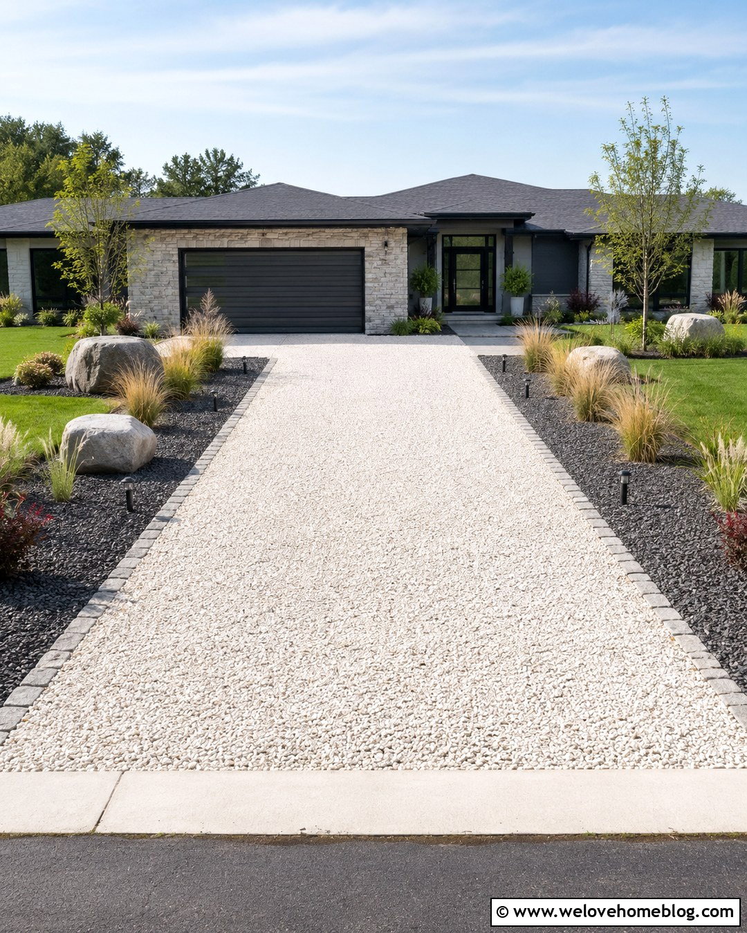 White Pebble Driveway With Mixed Gray Gravel Border - 20 White Pebble Driveway Ideas