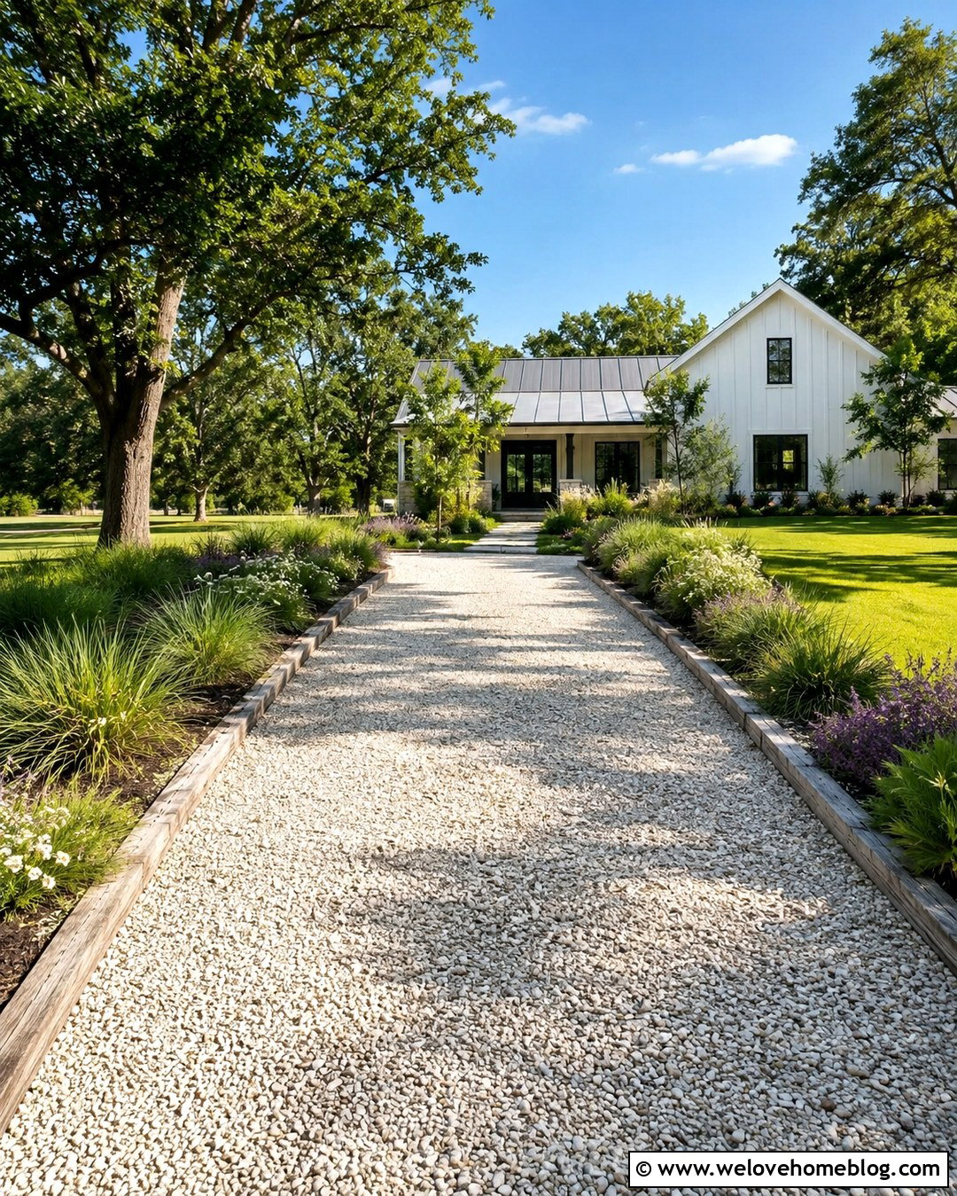 White Pebble Driveway With Timber Edging - 20 White Pebble Driveway Ideas