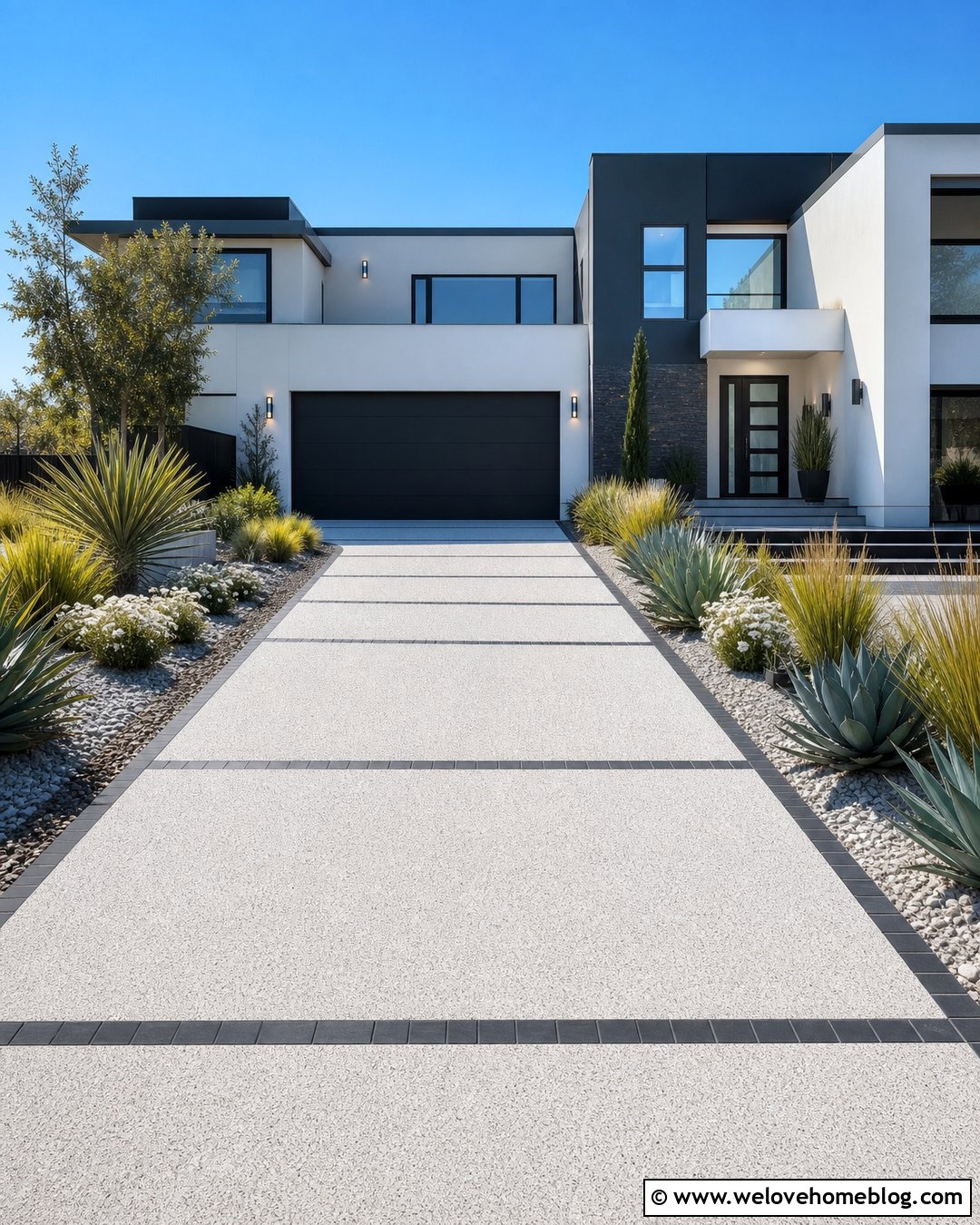 White Pebblecrete Driveway With Black Paver Bands - 25 Pebblecrete Driveway Ideas