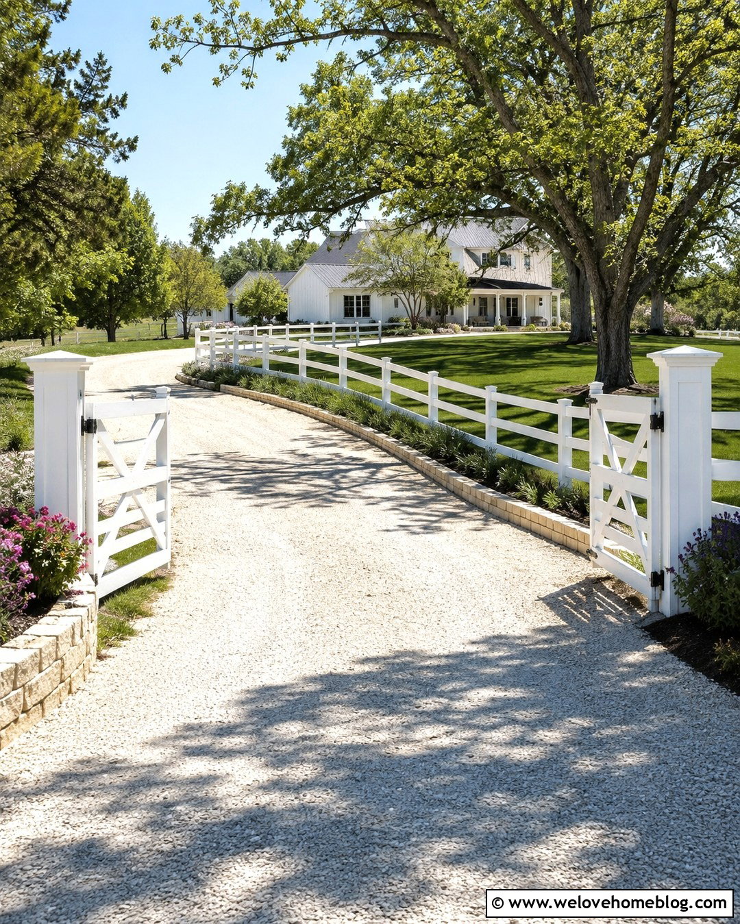 White Ranch Gate With Crushed Limestone Driveway - 20 Gated Entry Driveway Ideas