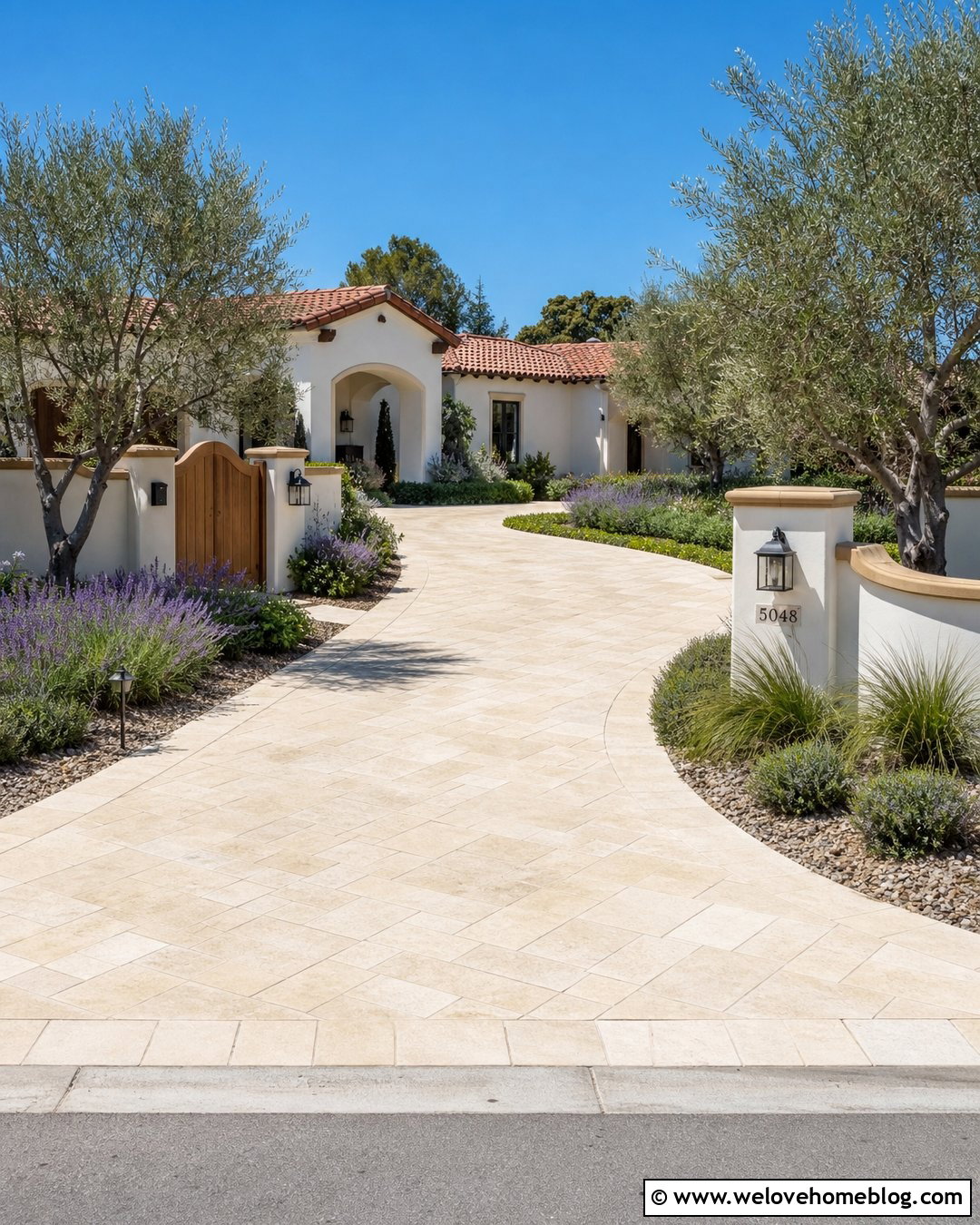 White Rendered Wall With Olive Tree Landscaping - 20 white rendered wall driveway ideas