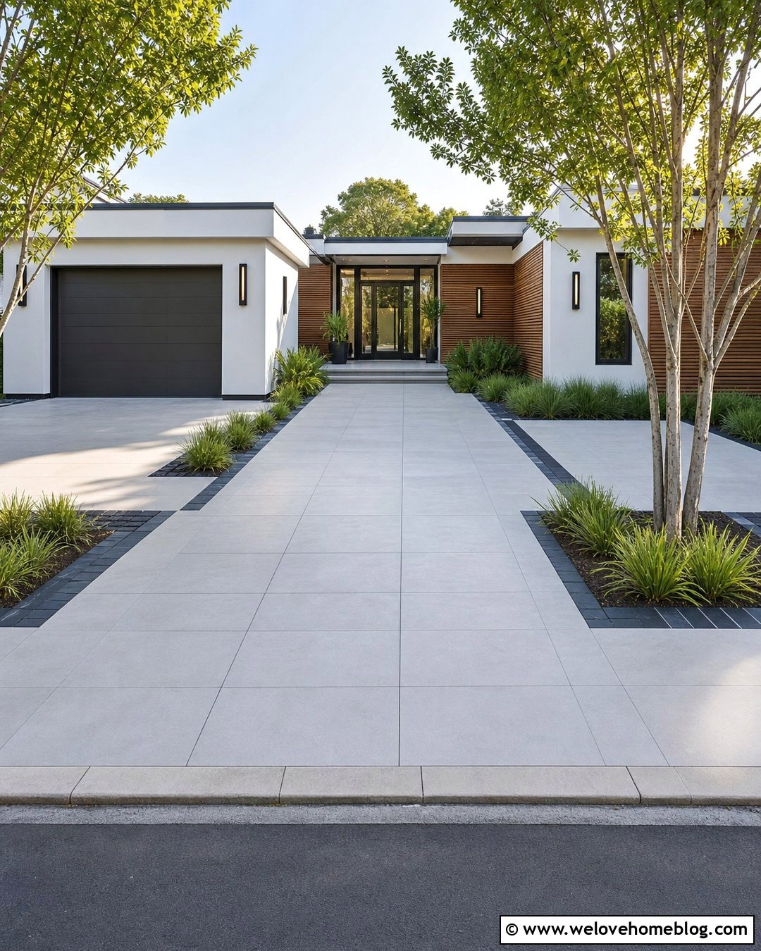 White Rendered Wall With Porcelain Paver Driveway - 20 white rendered wall driveway ideas