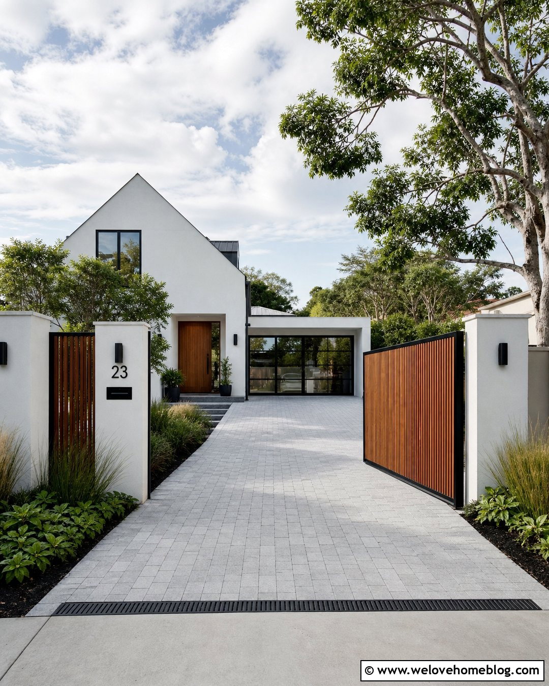 White Rendered Wall With Timber Slat Gate - 20 white rendered wall driveway ideas