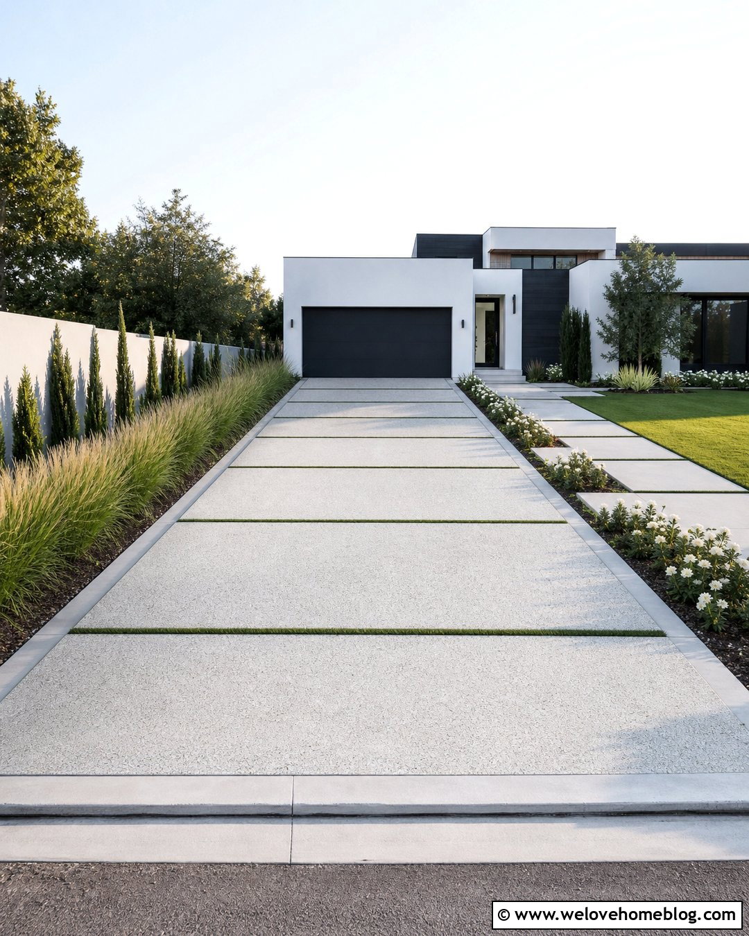 White River Rock Concrete Driveway With Grass Strips - 20 river rock concrete driveway ideas