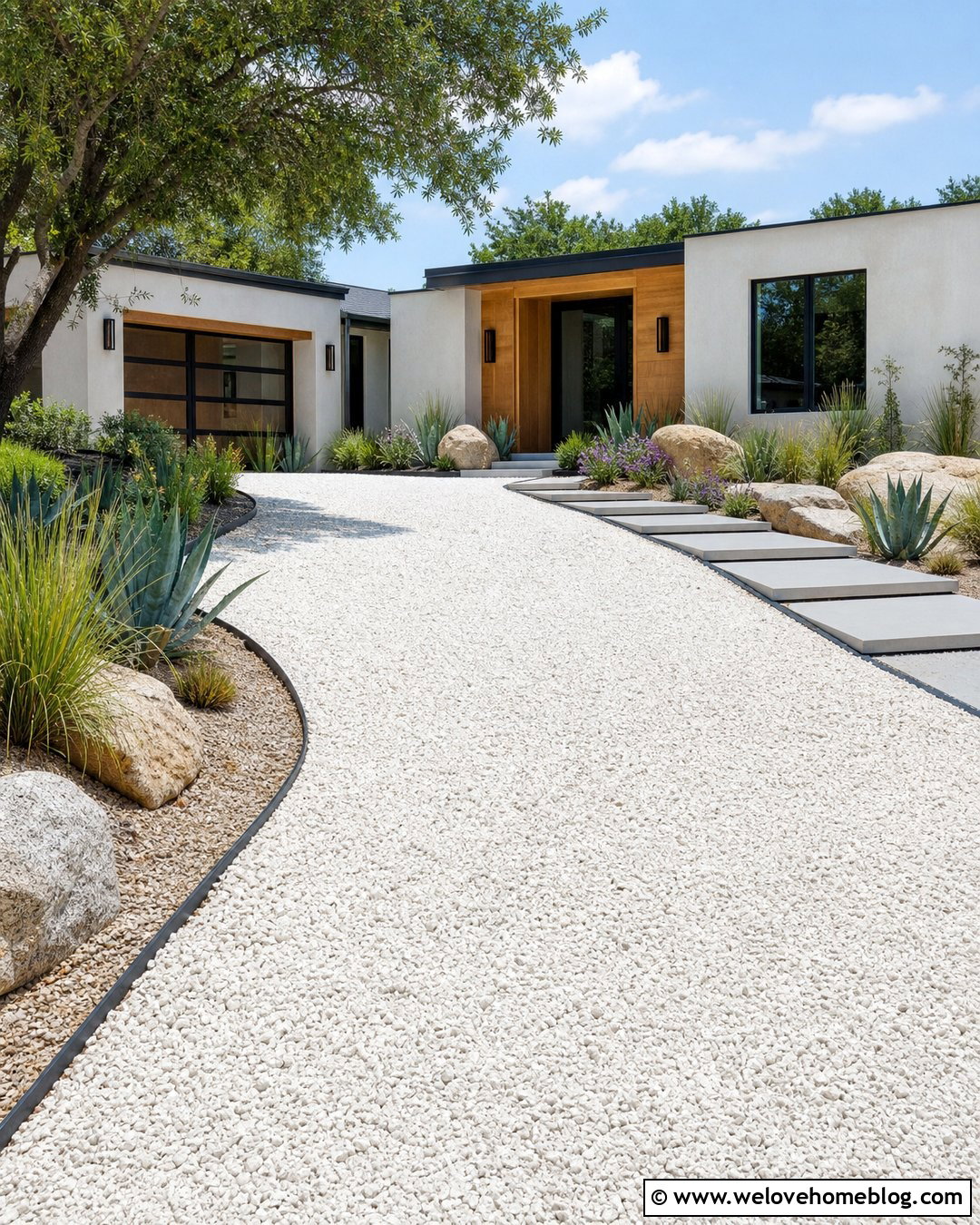 White Rock Driveway With Desert Landscaping - 20 rock driveway front yards ideas