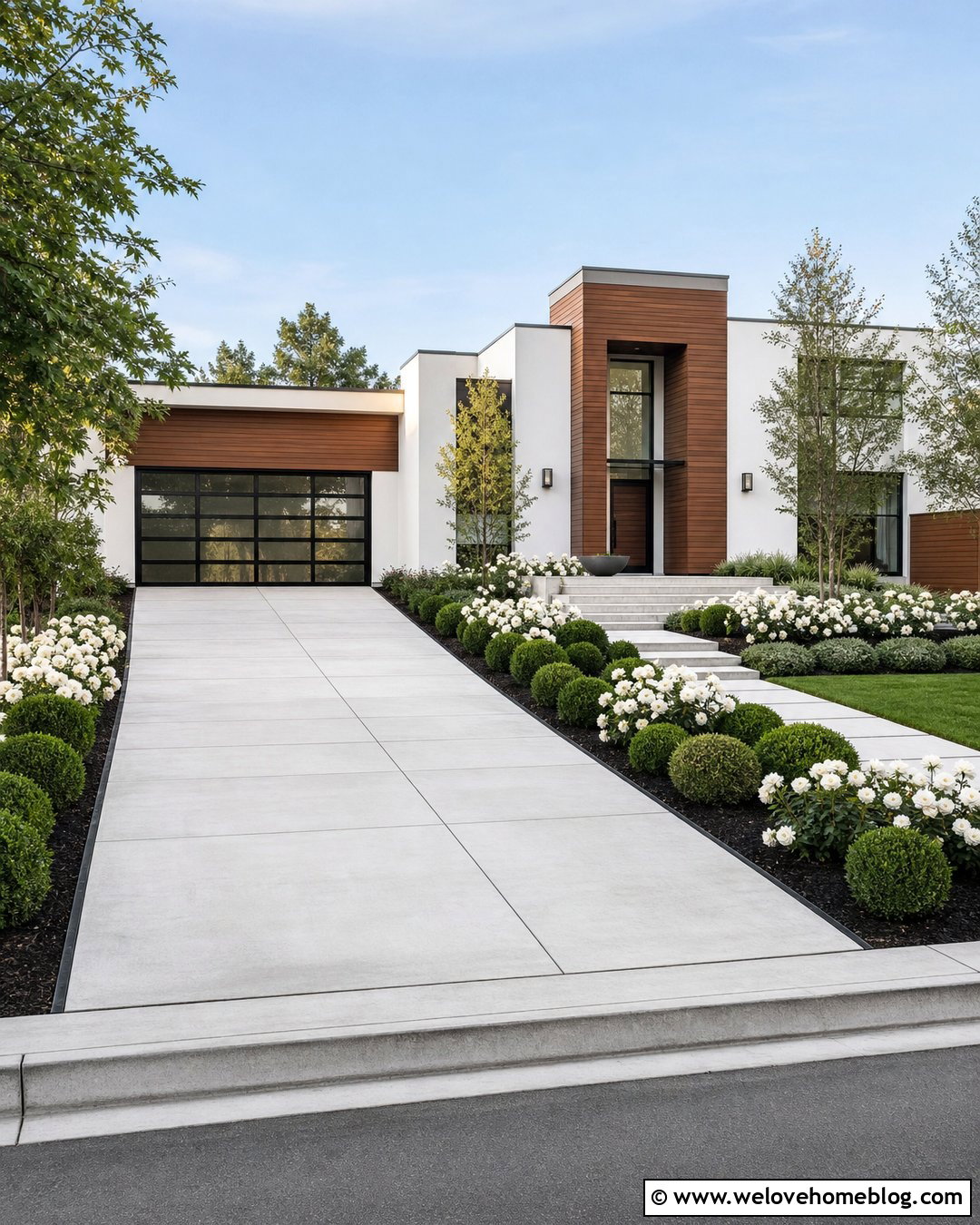 White Roses Along A Modern Concrete Driveway - 20 Roses Along Driveway Ideas