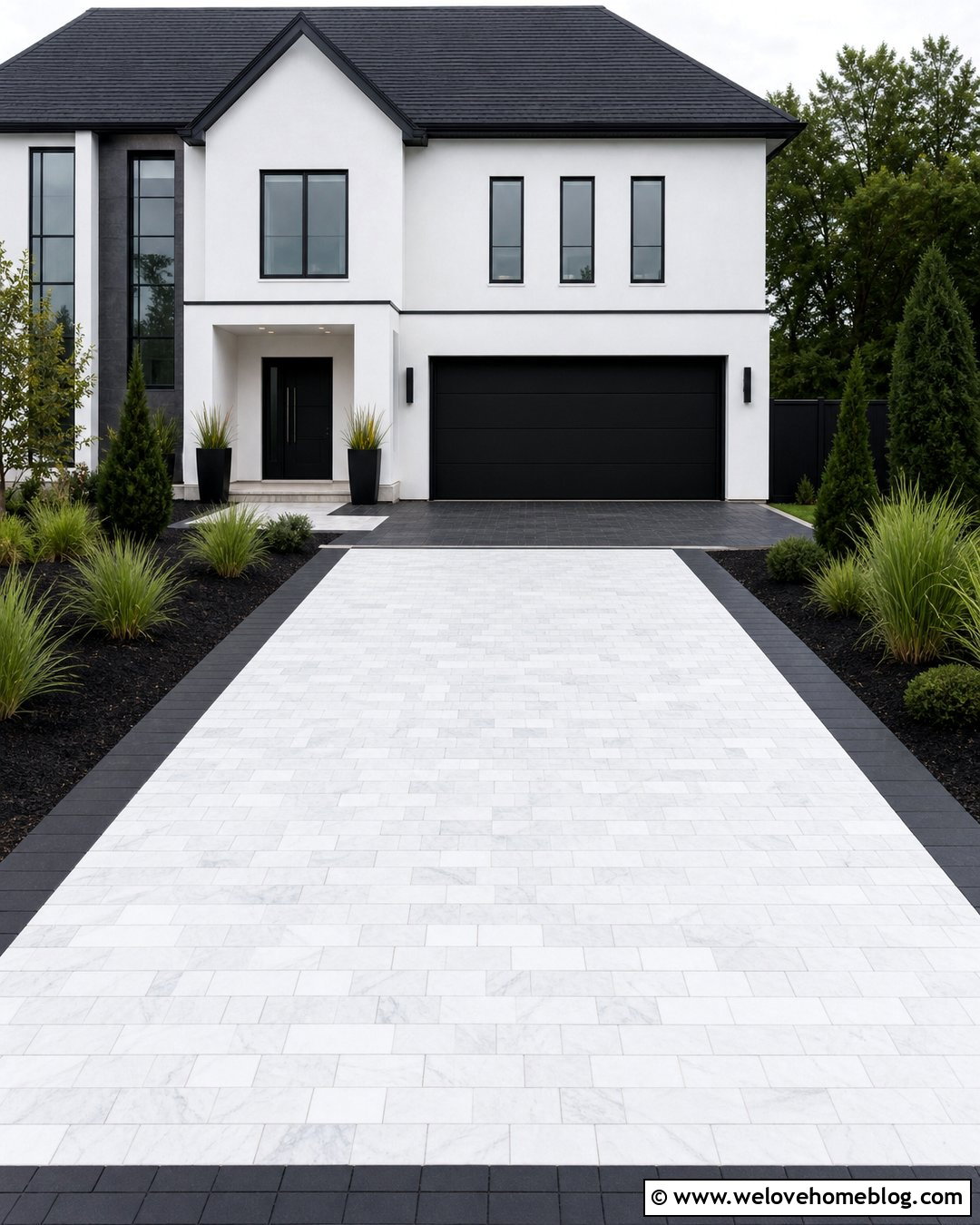 White Shingle Driveway With Black Paver Border - 25 Shingle Driveway Ideas