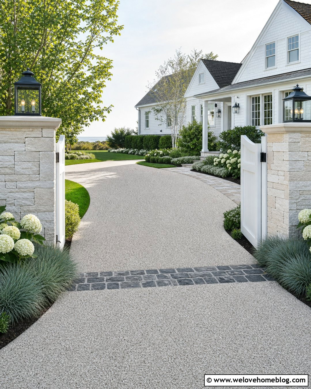White Stone Driveway Columns With Coastal Landscaping - 20 stone driveway entrance columns ideas