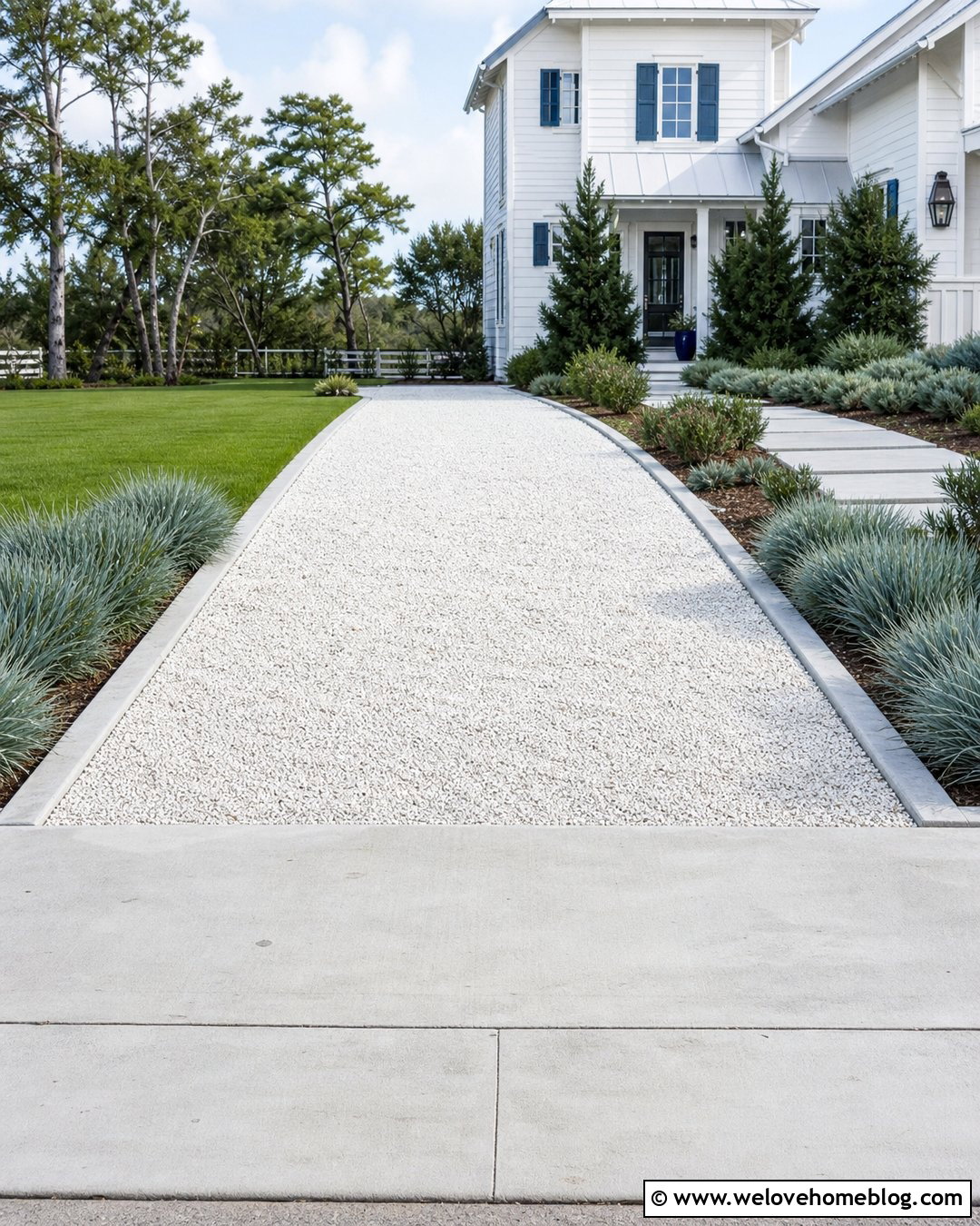 White Stone Driveway With Concrete Curbs - 20 Loose Stone Driveway Ideas