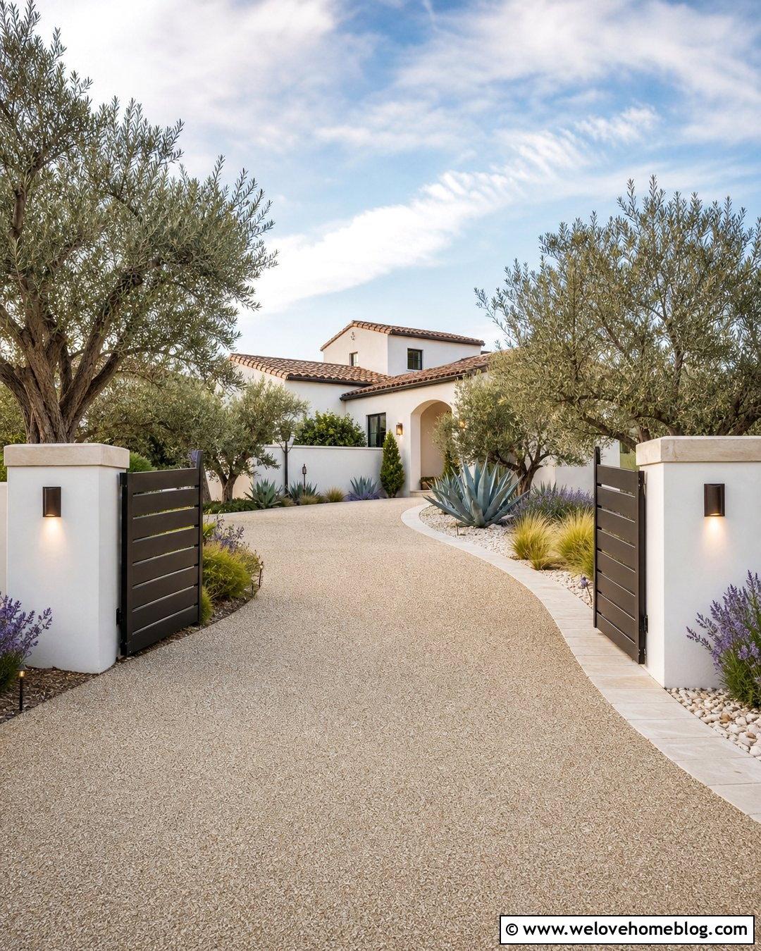 White Stucco Driveway Pillars With Resin Driveway