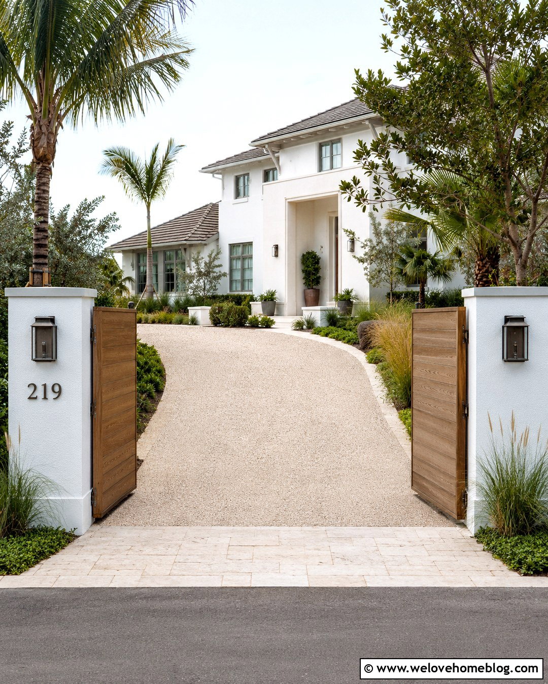 White Stucco Gate With Teak Panels - 20 Private Gated Driveway Entrance Ideas