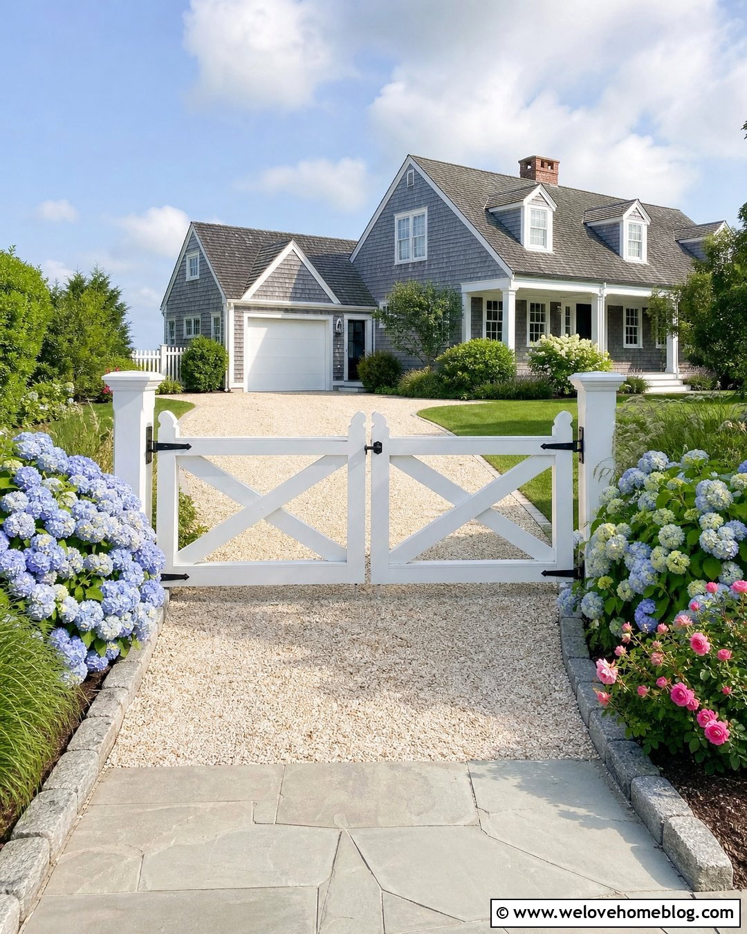 White Wood Driveway Gate With Shell Gravel - 20 Wood Gates Driveway Ideas